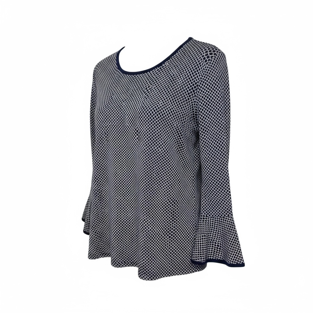 Michael Michael Kors Navy and White Patterned Blouse long bell sleeves EUC